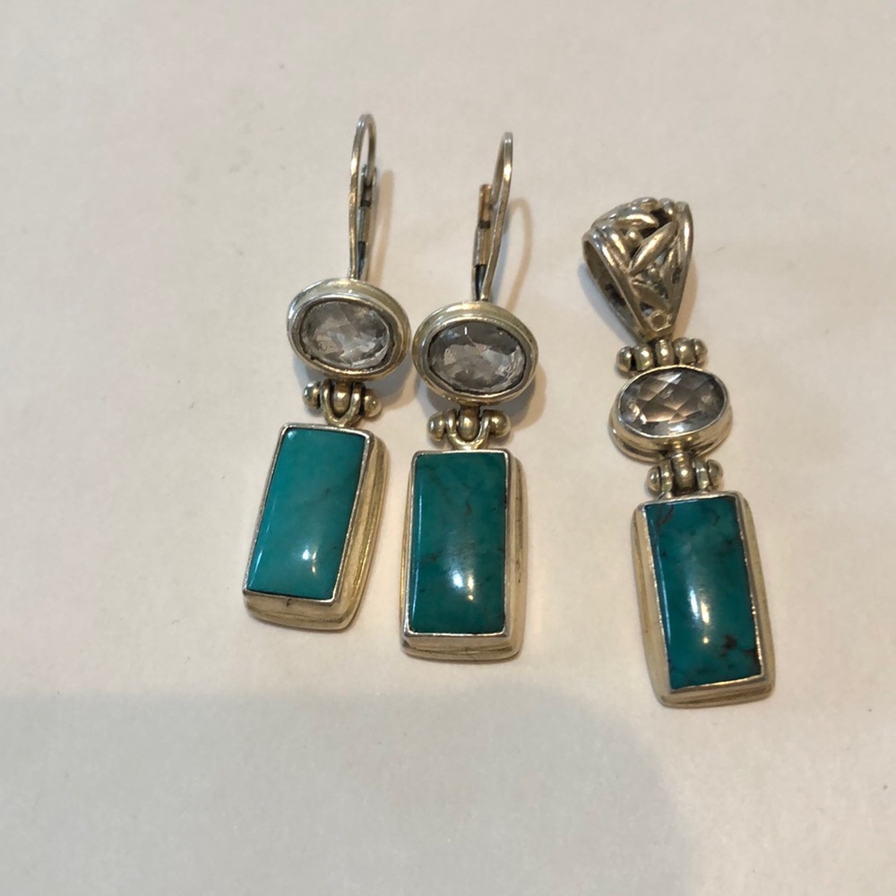 Turquoise and crystal sterling silver pendant and earring set.